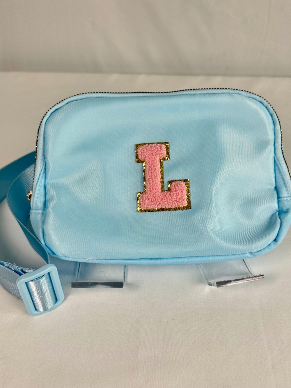 Blue Chenille Letter Patch Pink and Gold Trim Belt Bag Fanny Pack Crossbody NWOT
